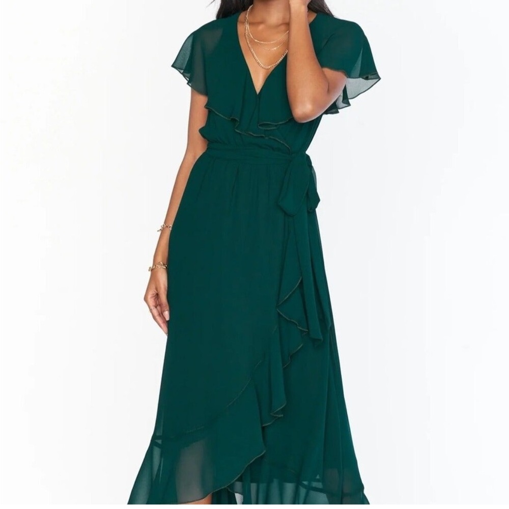 Show Me Your MuMu Green bridesmaid ruffle high low wrap dress